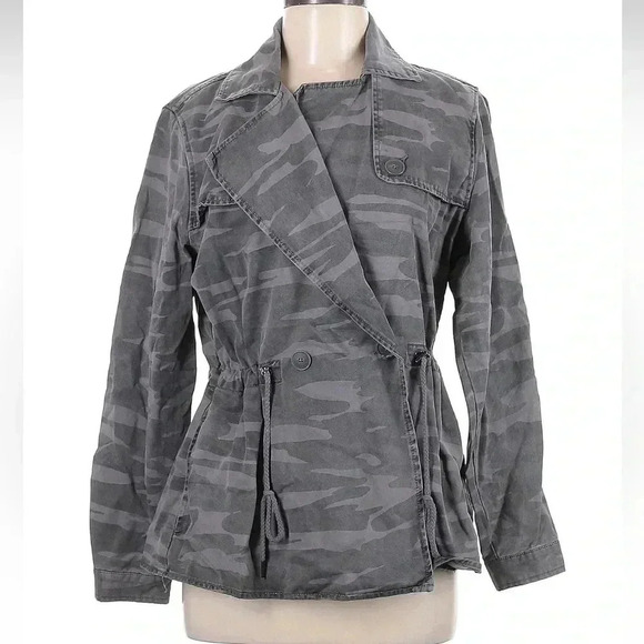 Lucky Brand Blue Grey Printed Camo Cropped Trench Coat Jacket Size Medium M - Picture 4 of 11